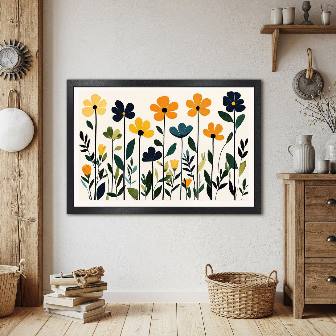 Framed Poster featuring colorful floral art in a minimalist style with a warm, inviting color palette. Perfect wall decor!