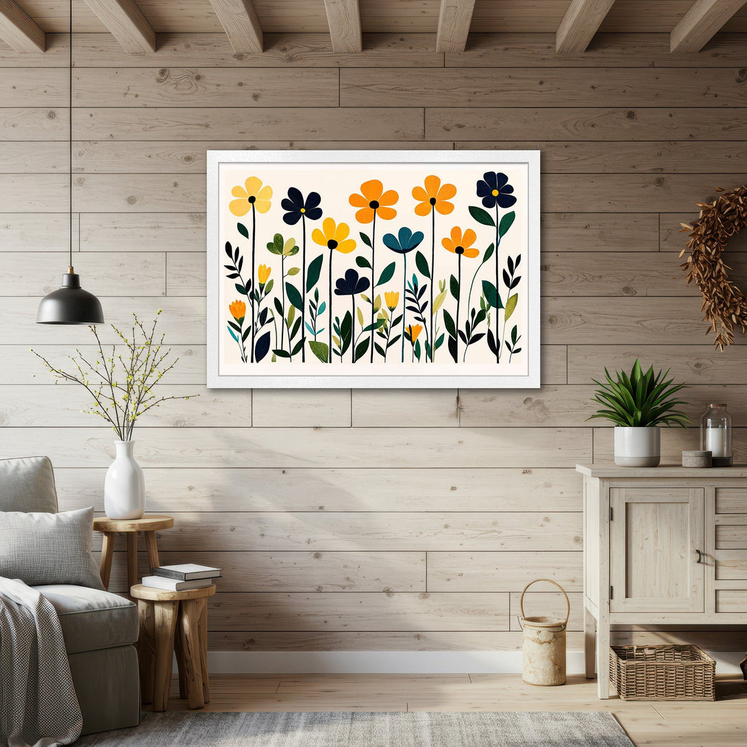 Framed Poster featuring a floral design in a minimalist, modern style with a warm yellow, orange, and blue color palette. Perfect wall art!