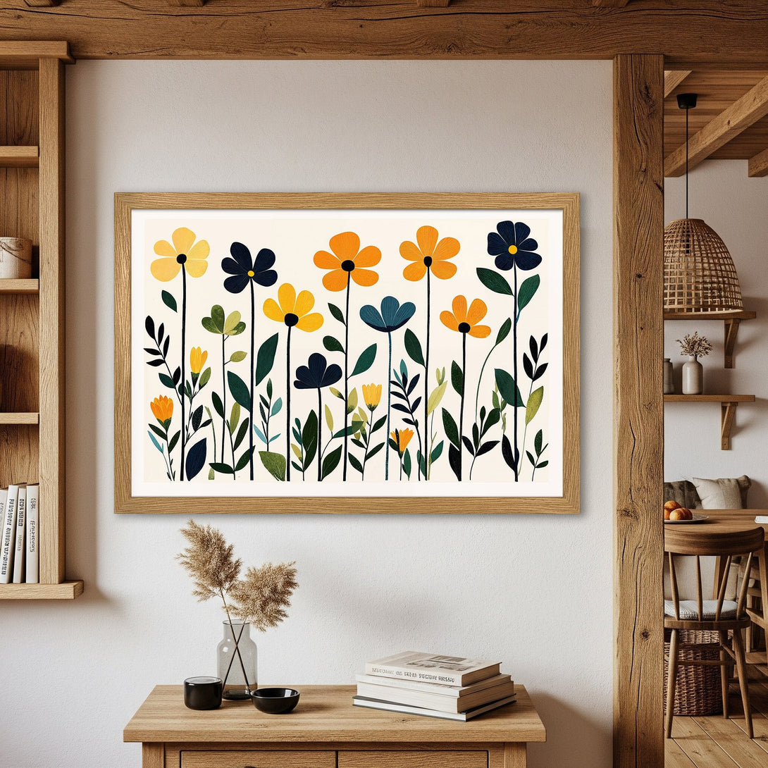 Framed Poster featuring a floral design in a minimalist style with a warm color palette of yellow, orange, and blue. Perfect wall art!