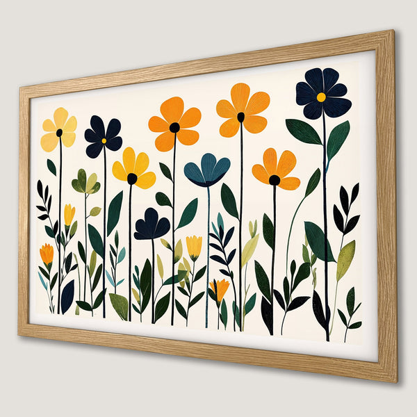 Framed Poster featuring a floral illustration in a minimalist style with a warm color palette of yellow, orange, and green.