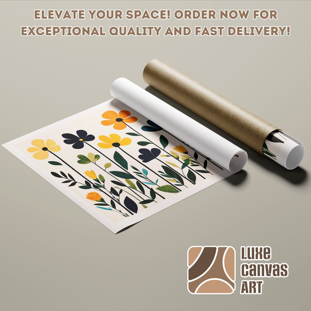 Floral Poster Roll in warm tones. Modern art print with yellow, black, and green flowers. Elevate your space!