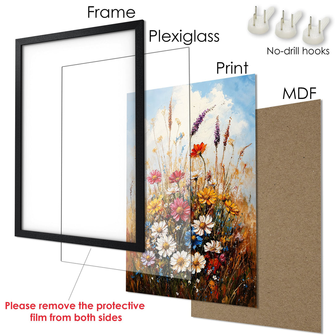 Framed Poster featuring a vibrant floral painting. Impressionistic style with a warm, colorful palette of blues, yellows, reds, and whites. Perfect wall art!