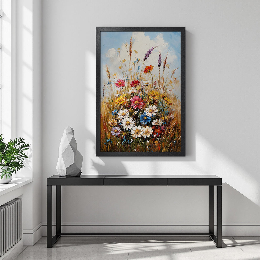 Framed Poster of vibrant wildflowers in a painterly style with a warm, colorful palette. Perfect wall art!