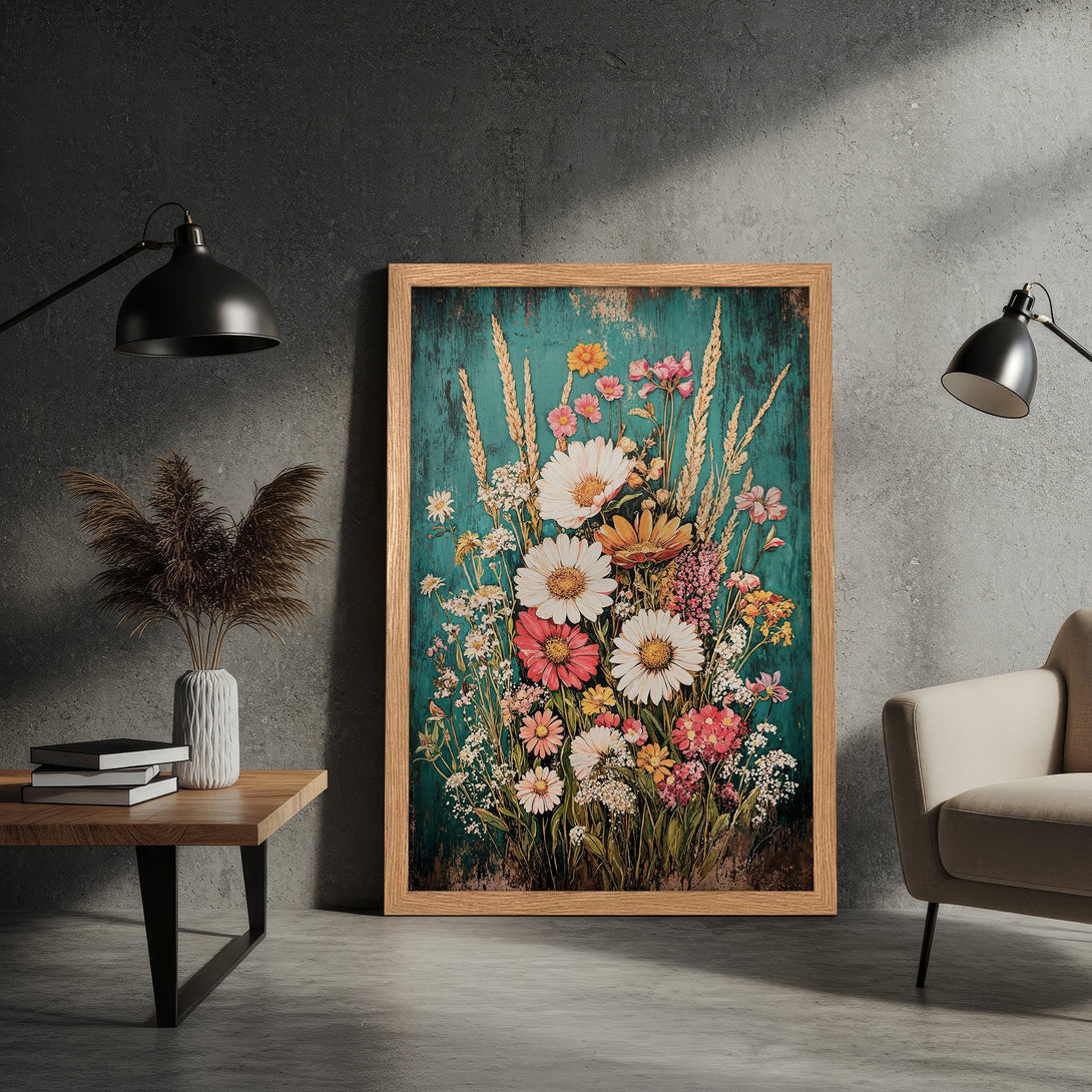 Framed Poster featuring a vibrant floral bouquet art print. Rustic style with teal, pink, and yellow color palette. Perfect wall decor!