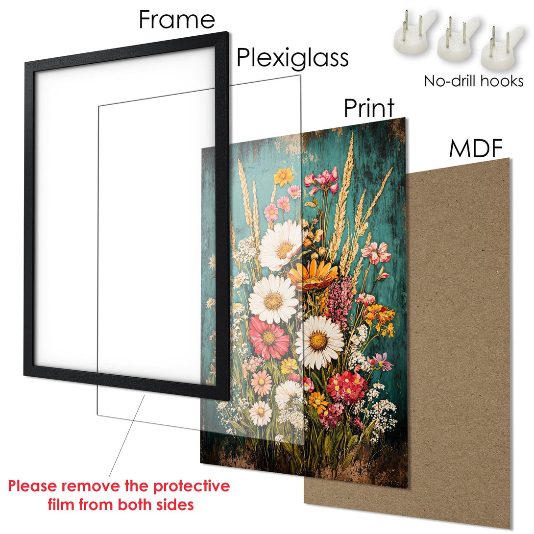 Framed Poster featuring a floral bouquet in a rustic style with a teal and earthy color palette. Perfect wall art!