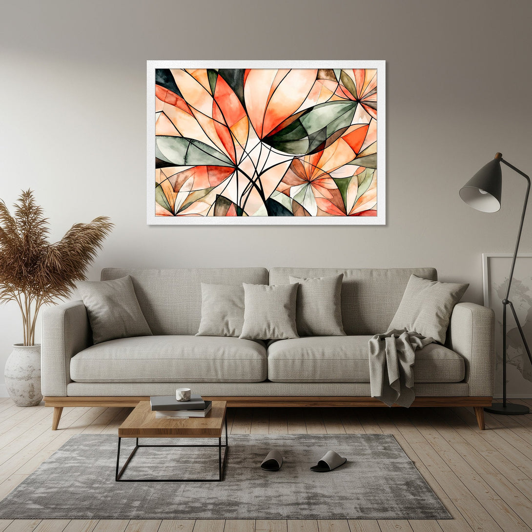 Framed Poster featuring abstract floral art in warm orange, green, and black watercolor style. Perfect for modern home decor!