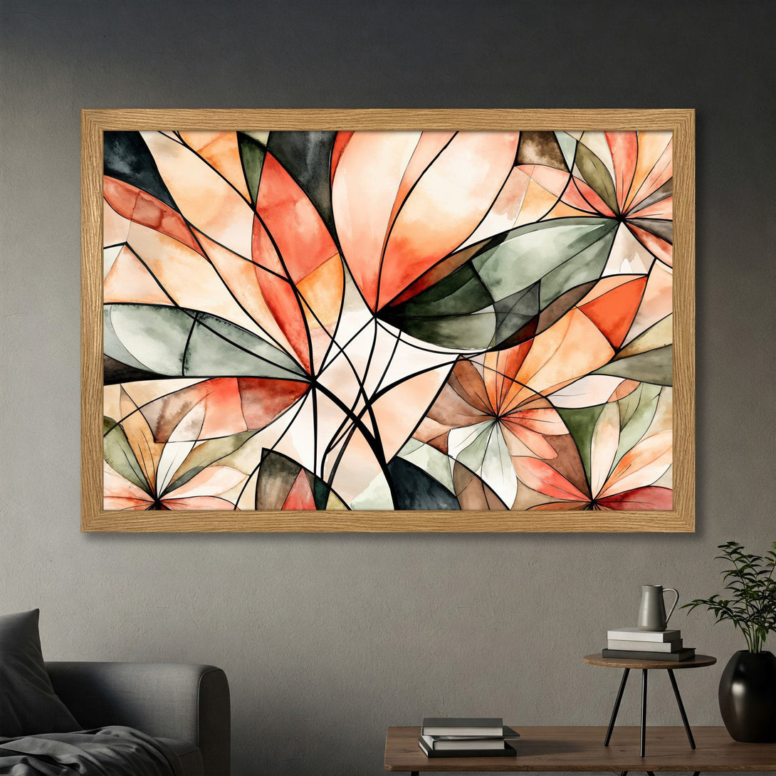 Framed Poster featuring abstract floral art in watercolor style with warm orange, green, and black tones. Perfect wall decor!