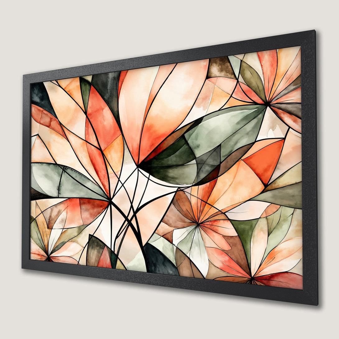Framed Poster featuring abstract floral art in watercolor style with warm orange, green, and neutral tones. Perfect wall art for your home!
