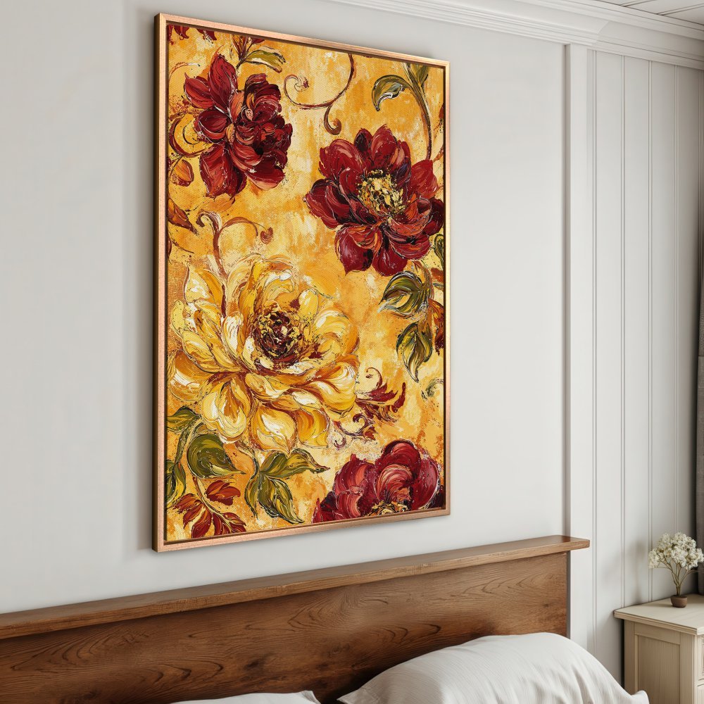 Framed Wall Art: Stunning floral Canvas Print in warm yellow, red, and gold tones. Perfect for adding a touch of elegance to your home decor.