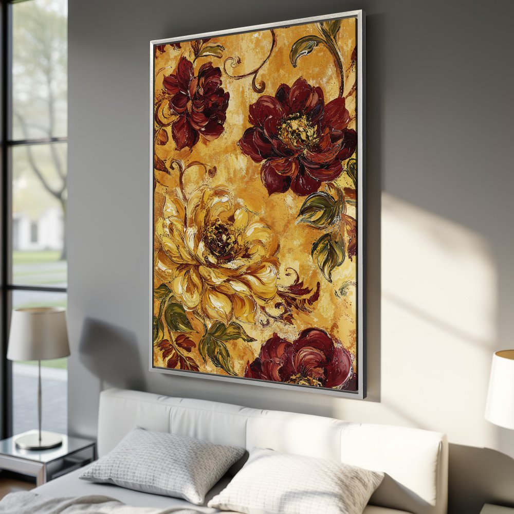 Framed Wall Art: Floral canvas print in warm gold, burgundy, and green. Adds elegance to any bedroom. Shop now!
