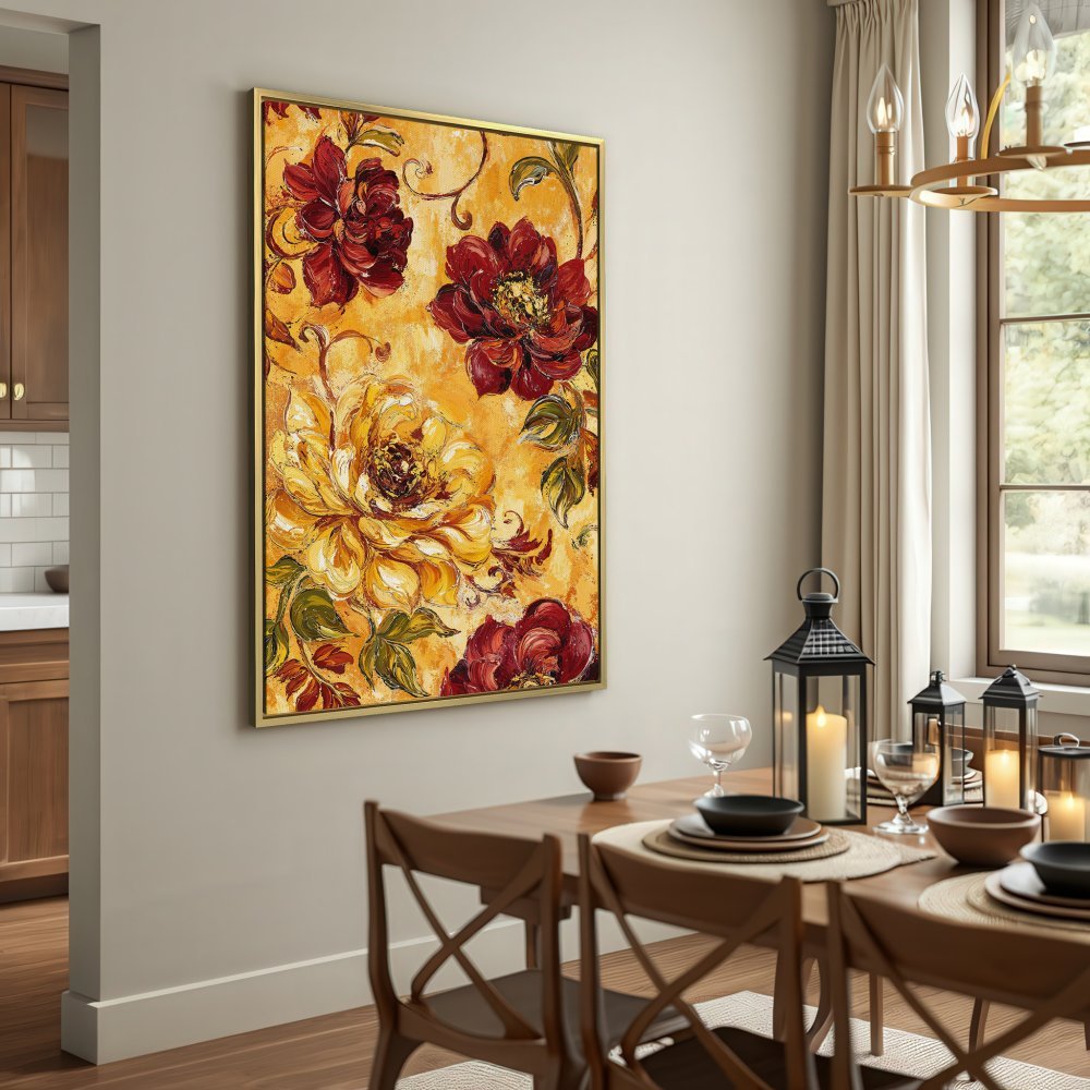 Canvas Print featuring floral art in warm yellow, red, and green hues. Perfect for adding a touch of elegance to any space.