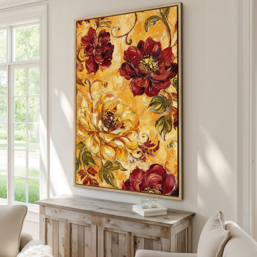 Framed Wall Art: Stunning floral Canvas Print with bold red & yellow blooms. Perfect for adding warmth & style to your home decor.
