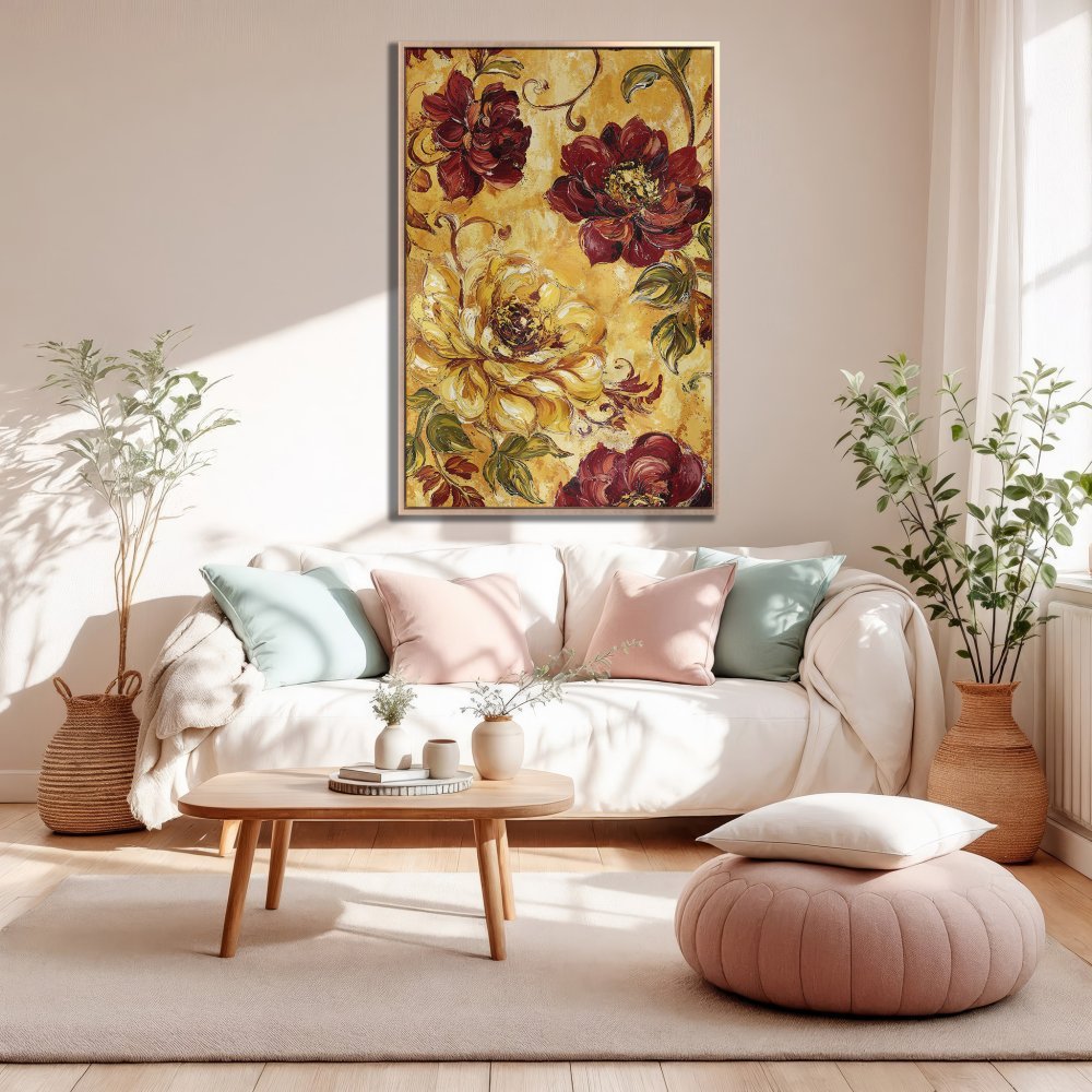 Framed Wall Art featuring floral painting in warm yellow and burgundy tones, perfect for adding elegance to your living room.