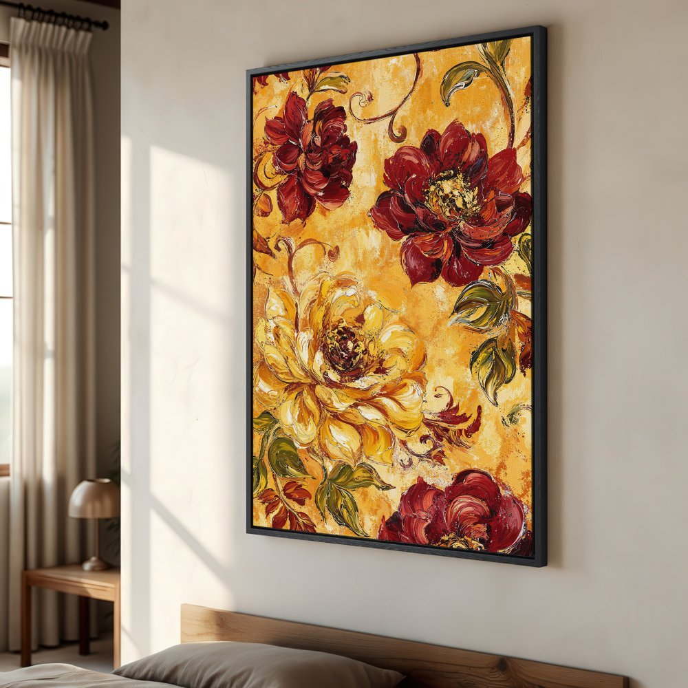 Framed Wall Art: Bold floral Canvas Print in warm yellow, red, and green hues. Adds a touch of elegance and artistic flair to any space.