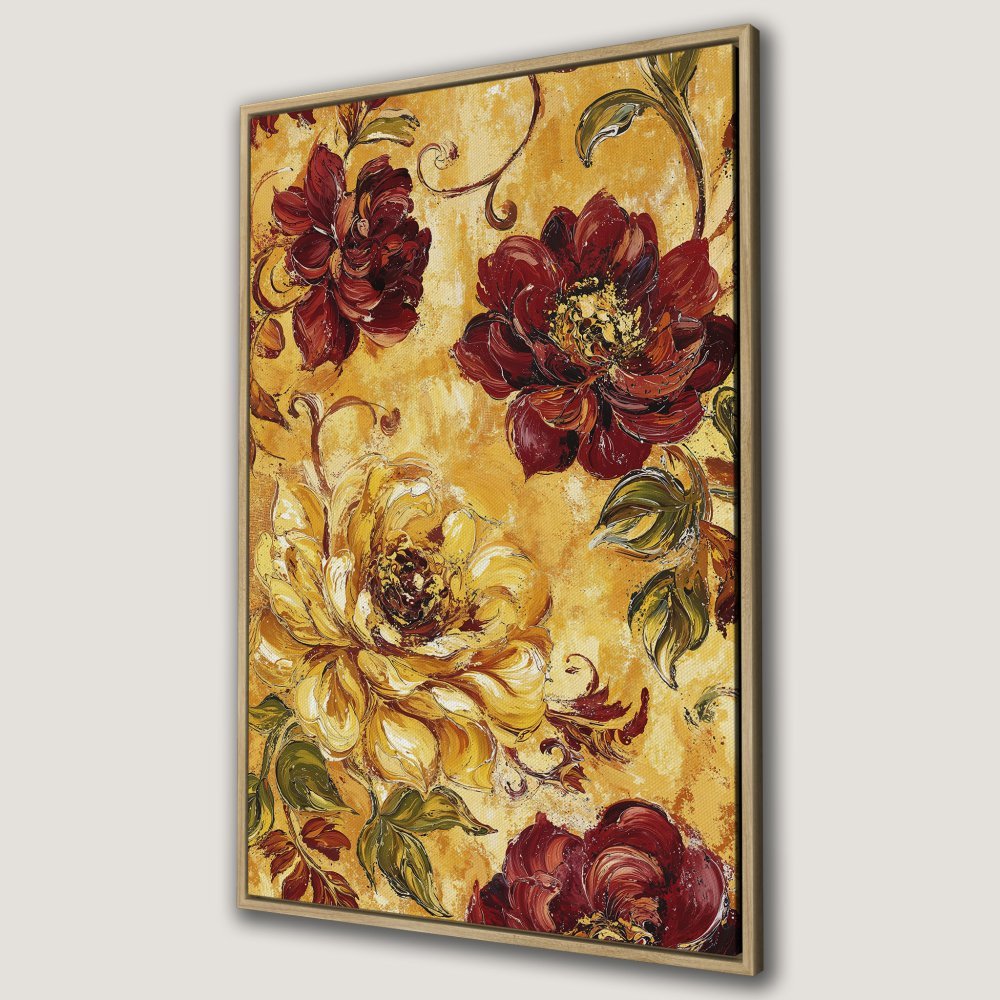 Framed Wall Art featuring a floral oil painting with a warm yellow and red color palette. Perfect for adding a touch of elegance to your home.