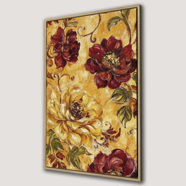 Framed Wall Art featuring a floral oil painting with a warm yellow and red color palette. Perfect for adding a touch of elegance to your home.