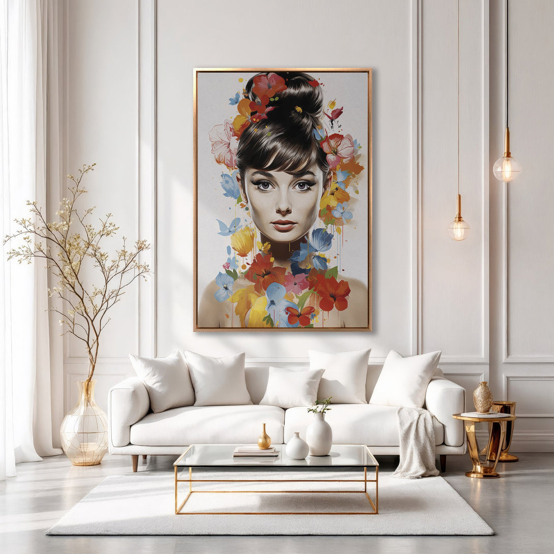 Framed Wall Art: Audrey Hepburn portrait with floral accents in a modern interior. Features a vibrant, colorful palette against a neutral backdrop.