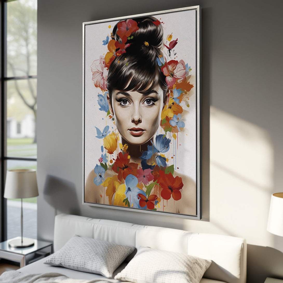Framed Wall Art featuring a portrait of a woman with floral accents. Vibrant colors of red, blue, and yellow pop against a neutral background. Perfect for bedroom decor.