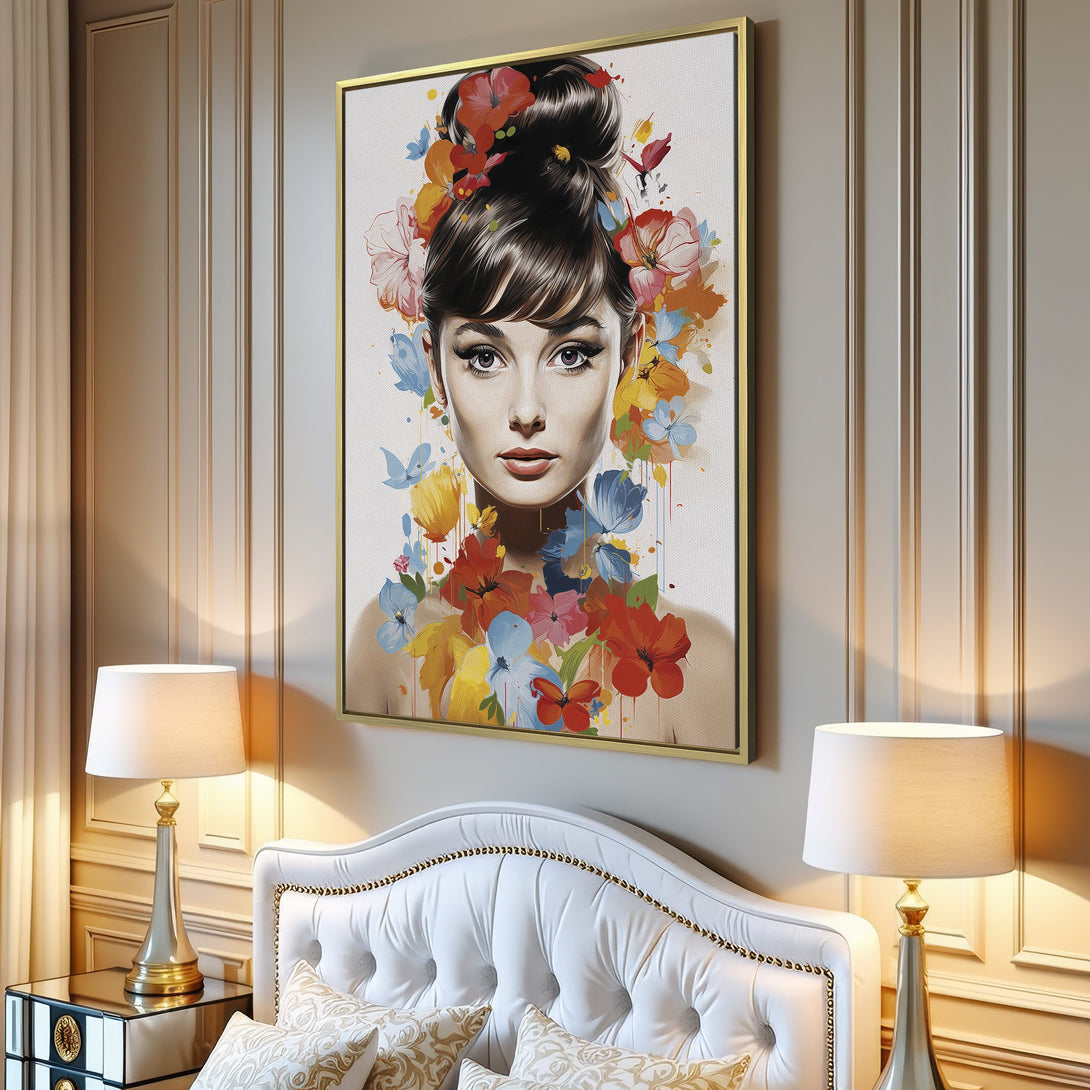 Canvas Print of a woman with floral accents, watercolor style, vibrant colorful palette. Perfect wall decor for any room!