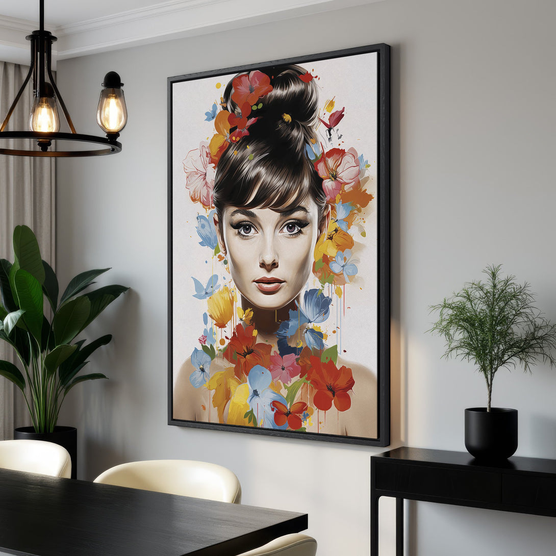Framed Wall Art featuring Audrey Hepburn with floral accents. Modern art with a vibrant, colorful palette. Perfect for adding elegance to any space. Canvas Print.