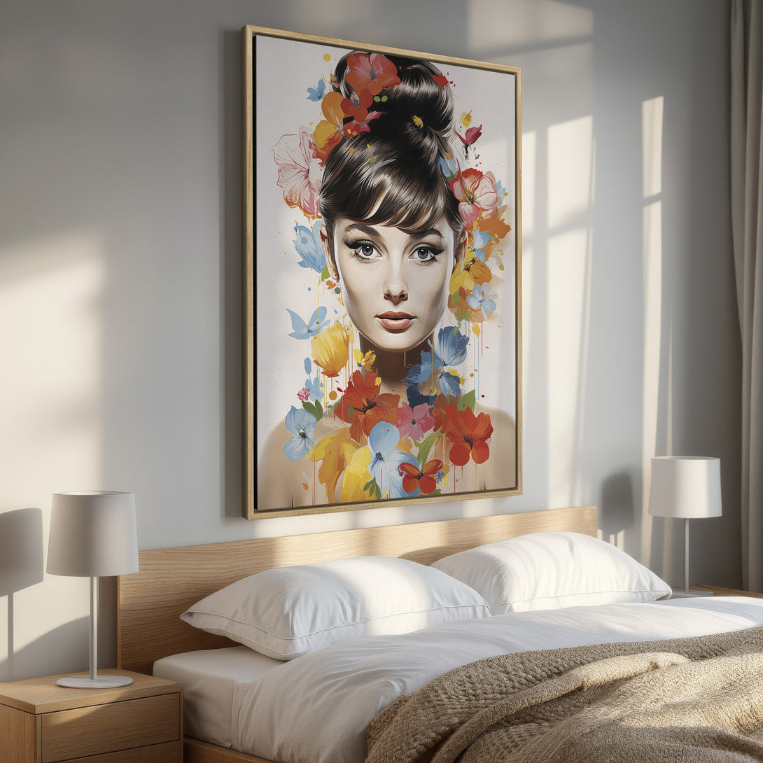 Framed Wall Art featuring a floral portrait of a woman in a bedroom. Vibrant color palette with warm tones. Perfect for adding style to your space.