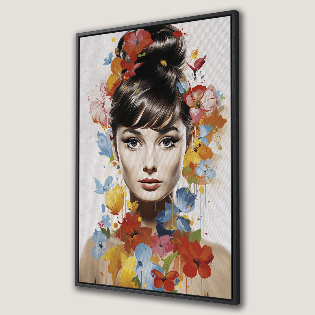 Framed Wall Art featuring a portrait of a woman with floral accents. Watercolor style with a colorful palette of red, blue, yellow, and orange. Perfect wall decor!