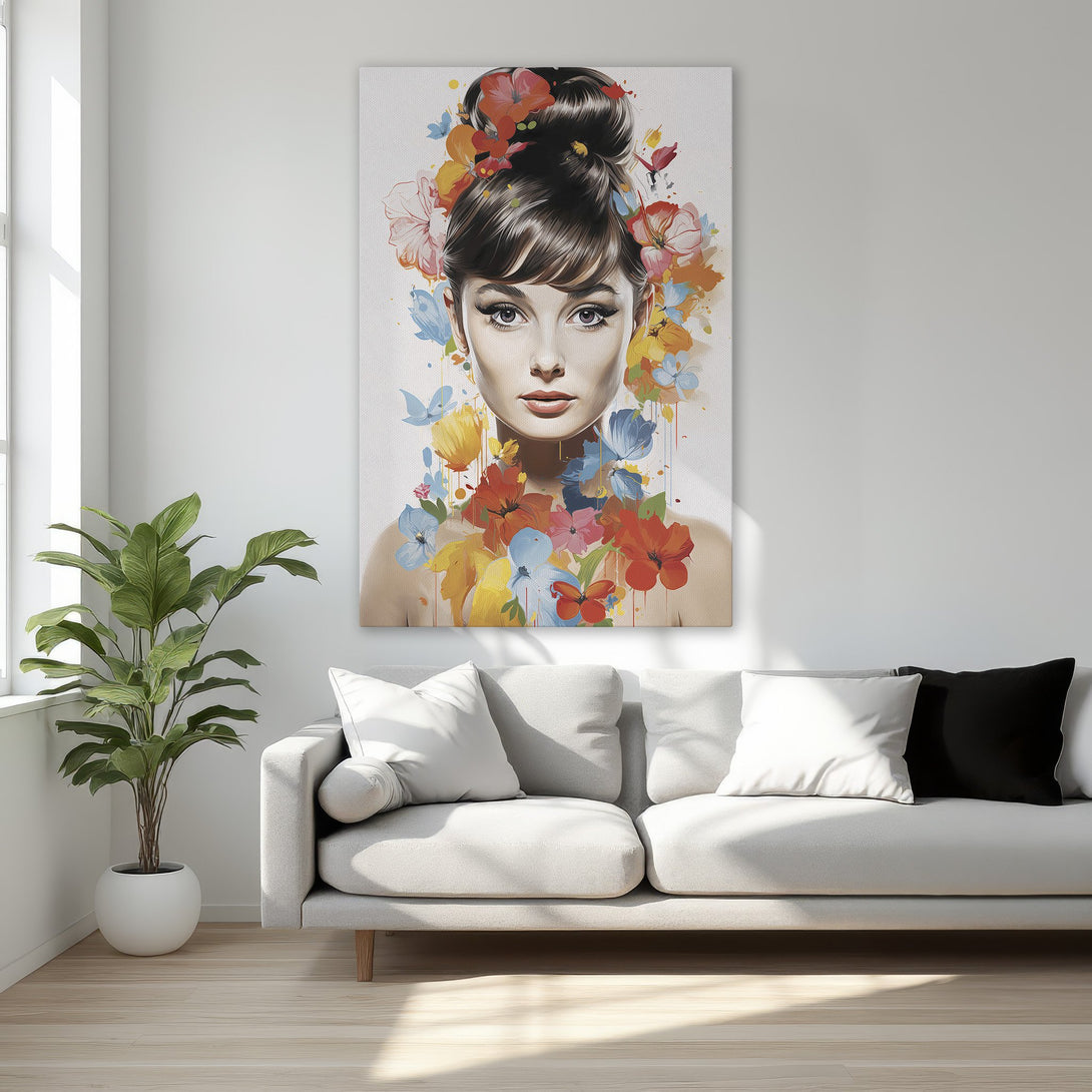 Framed Wall Art featuring a floral portrait of a woman. Modern style with a vibrant, colorful palette, perfect for bedroom decor. Canvas Print.