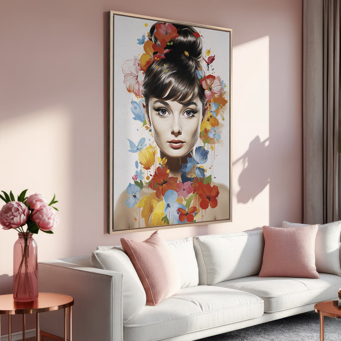 Framed Wall Art featuring a woman with floral accents in a colorful, pop art style. Adds a touch of elegance with a blush and pastel color palette.
