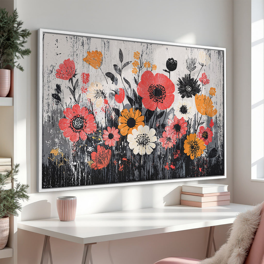 Framed Wall Art featuring a vibrant floral design in red, orange, and black. Modern abstract style, perfect for adding a pop of color to your home.