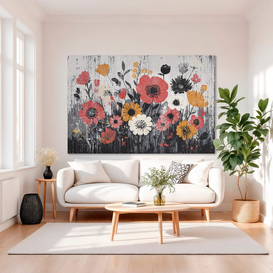 Framed Wall Art: Abstract floral Canvas Print in red, orange, and black. Modern art for living room decor with gold frame.