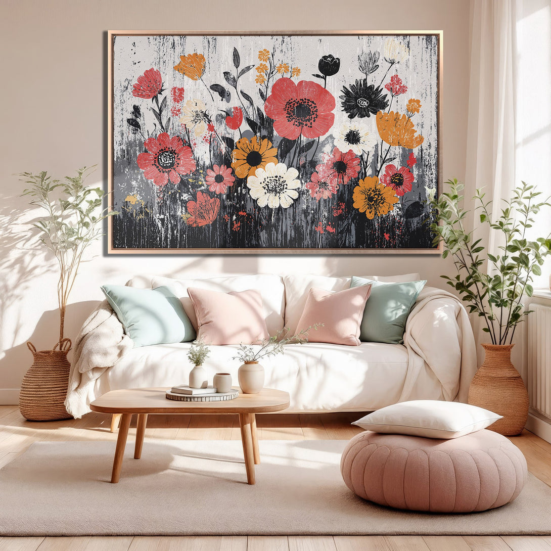 Framed Wall Art: Floral Canvas Print in a modern interior. Features bold red, orange, and black flowers on a textured gray background. Perfect for home decor.