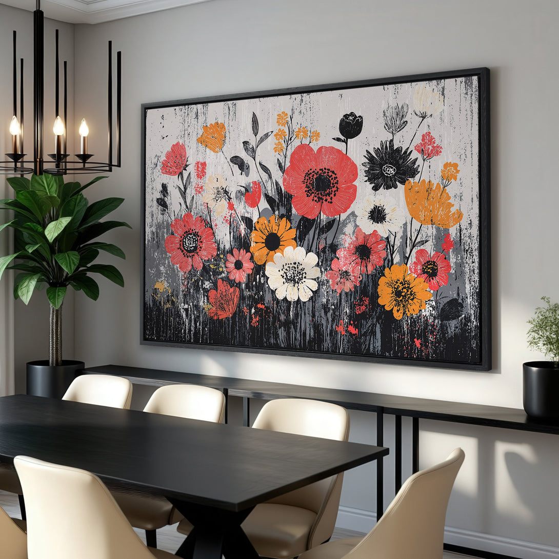 Framed Wall Art: Abstract floral Canvas Print in red, orange, and black. Modern art for dining room decor, adding a pop of color and style.