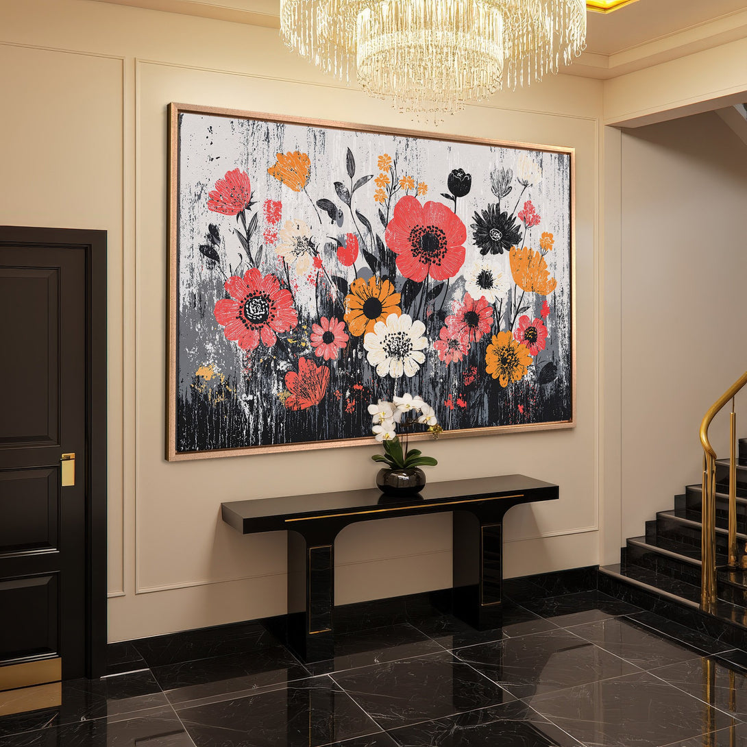 Framed Wall Art: Abstract floral canvas print in a modern interior with red, orange, and black flowers. Adds a pop of color and style.