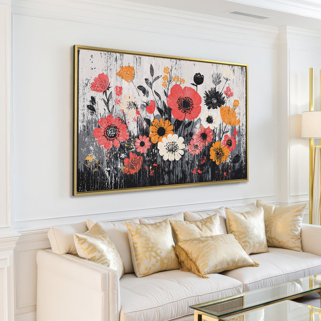 Canvas Print featuring vibrant floral artwork in a modern style. Red, yellow, and black flowers pop against a neutral gray background. Perfect wall decor!