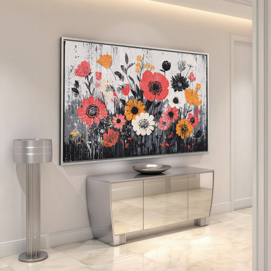 Framed Wall Art: Abstract floral Canvas Print in red, orange, and black. Modern art style, perfect for adding color and style to your home decor.