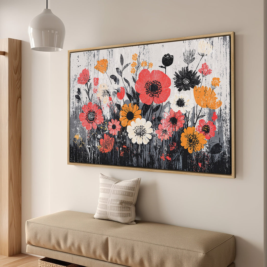 Framed Wall Art: Vibrant floral Canvas Print with red, orange, and black flowers on a textured white background. Modern art for home decor.