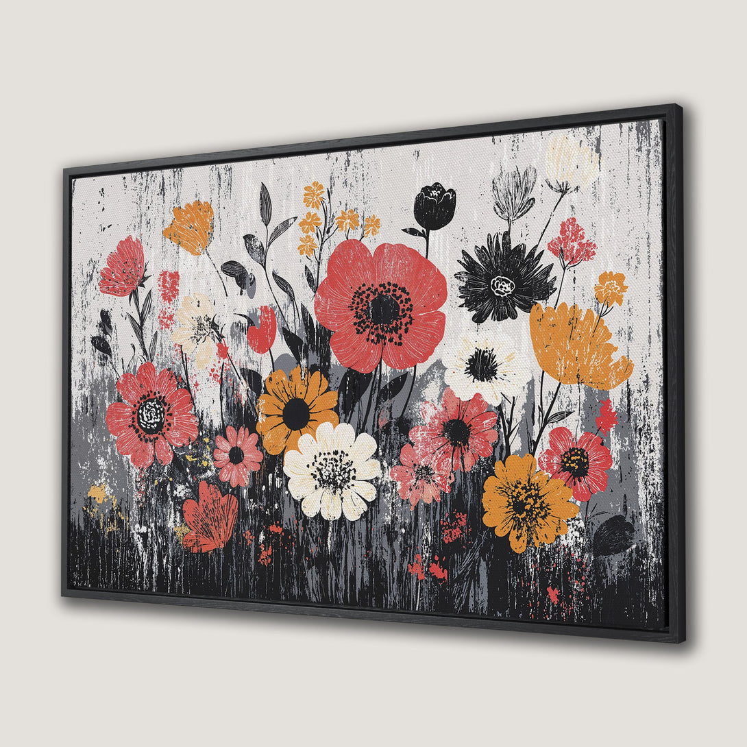 Framed Wall Art featuring a vibrant floral design in red, orange, and black. Modern, abstract style with a textured, painterly effect. Perfect for home decor.