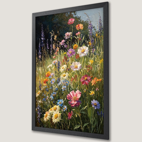 Framed Poster of a vibrant wildflower meadow painting. Impressionistic style with a colorful palette of pinks, blues, yellows, and greens. Perfect wall art!