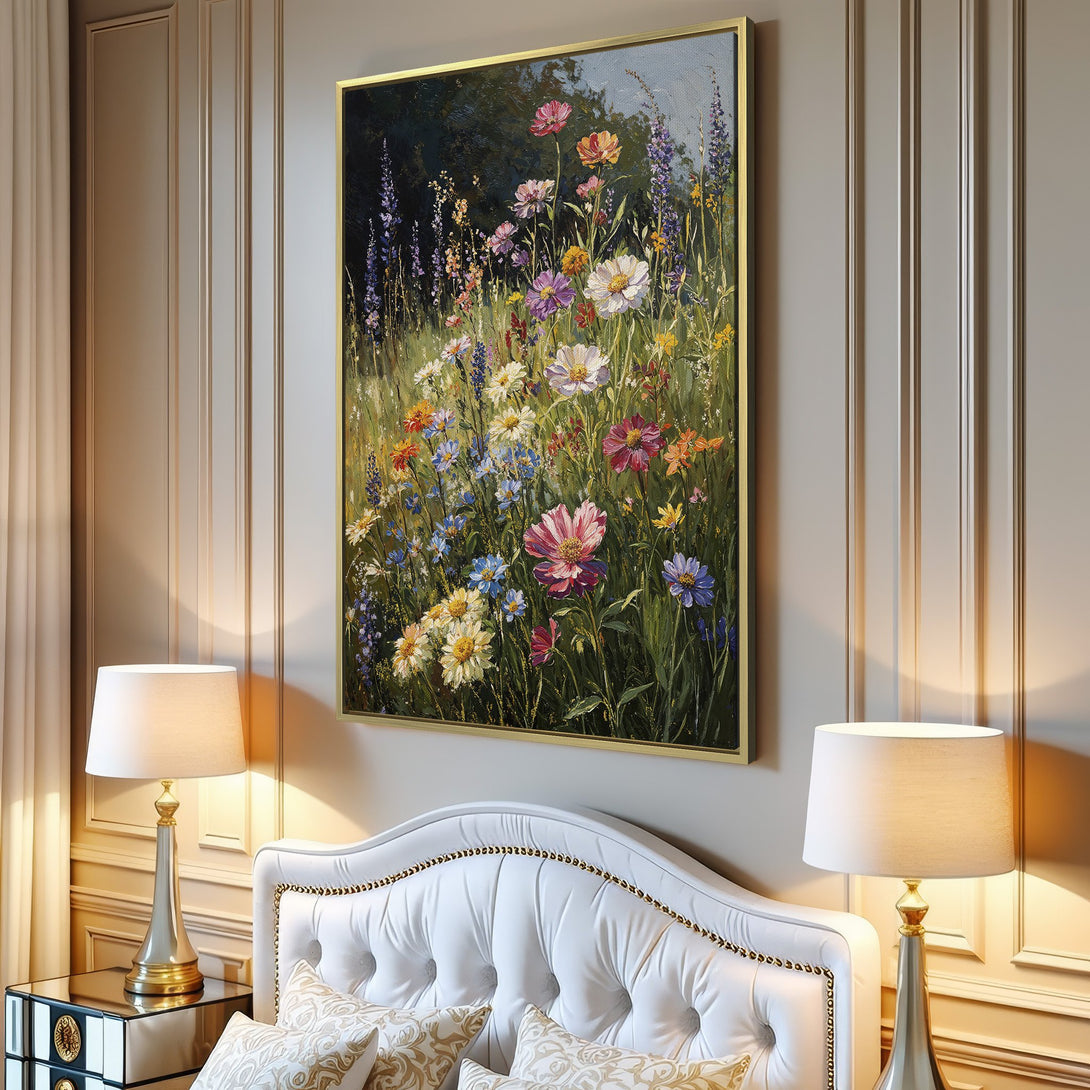 Canvas Print featuring a vibrant wildflower meadow painting. Impressionistic style with a colorful palette of pinks, blues, yellows, and greens. Perfect wall art.