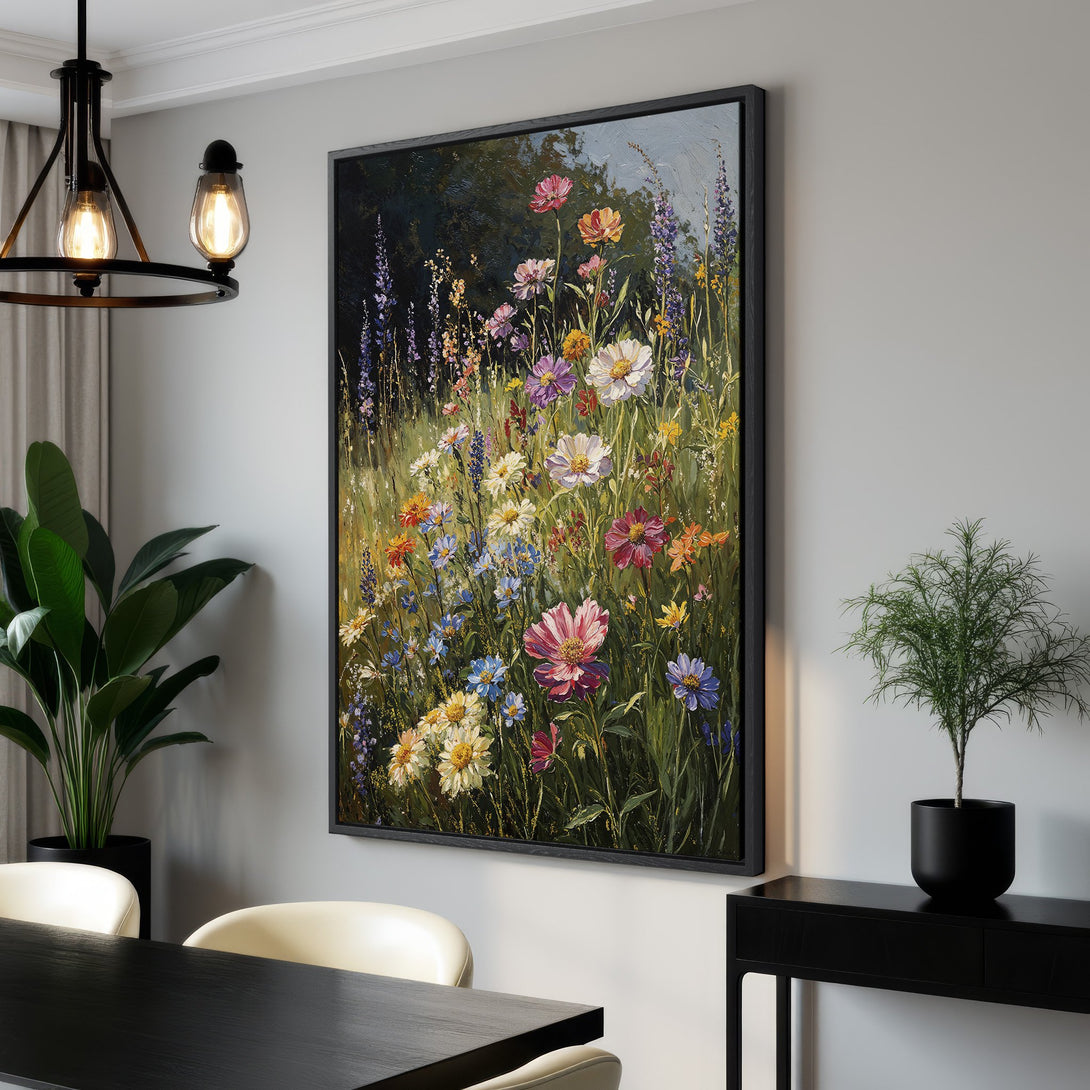 Framed Wall Art featuring a vibrant wildflower meadow painting. Adds a pop of color with a warm, natural palette to any room. Perfect for home decor!