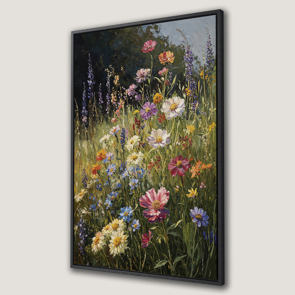 Framed Wall Art featuring a vibrant wildflower meadow painting. Impressionistic style with a colorful palette of pinks, purples, yellows, and greens. Perfect for any room!