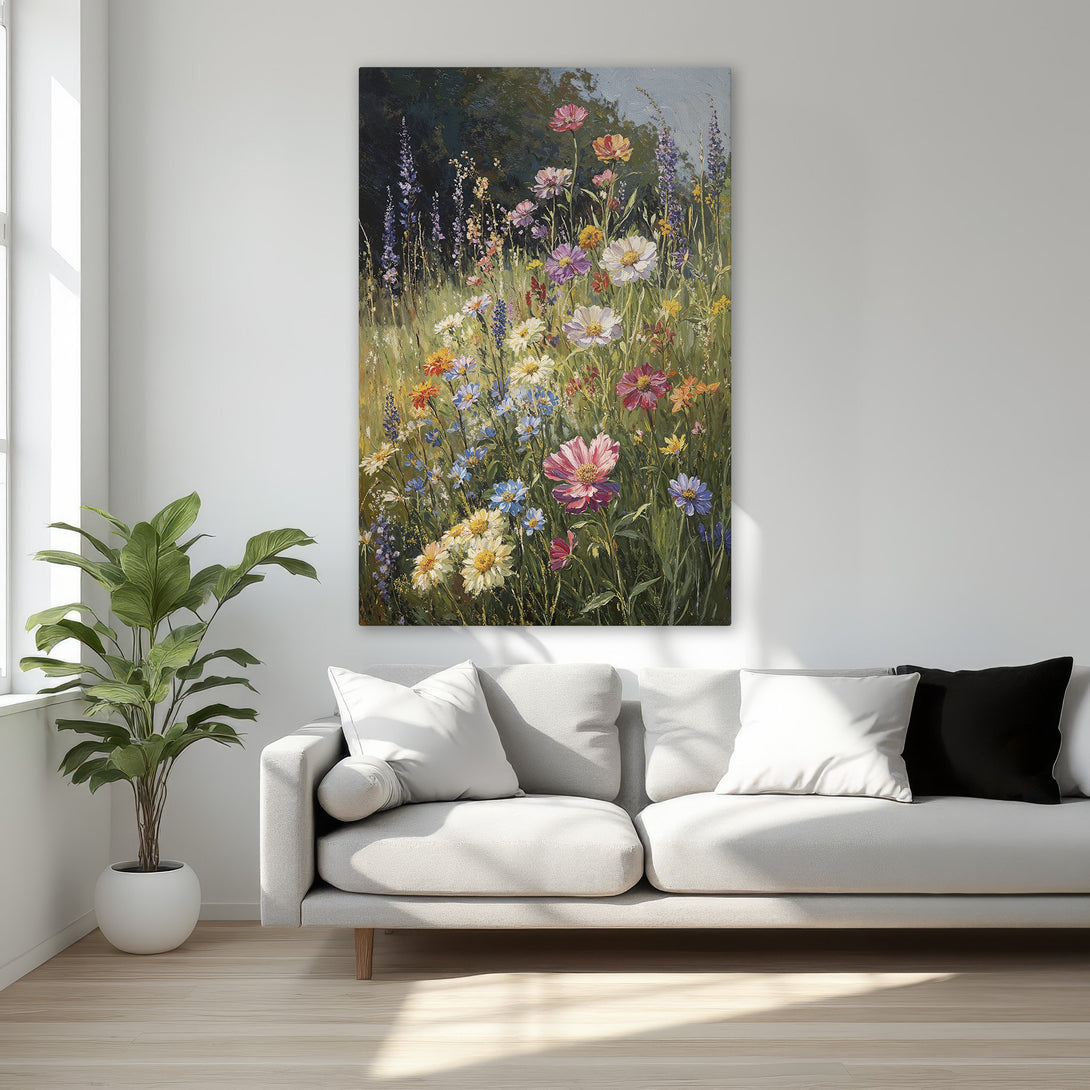 Framed Wall Art: Vibrant floral canvas print in a bedroom. Impressionistic style with a colorful palette of pinks, blues, and yellows. Perfect bedroom decor.