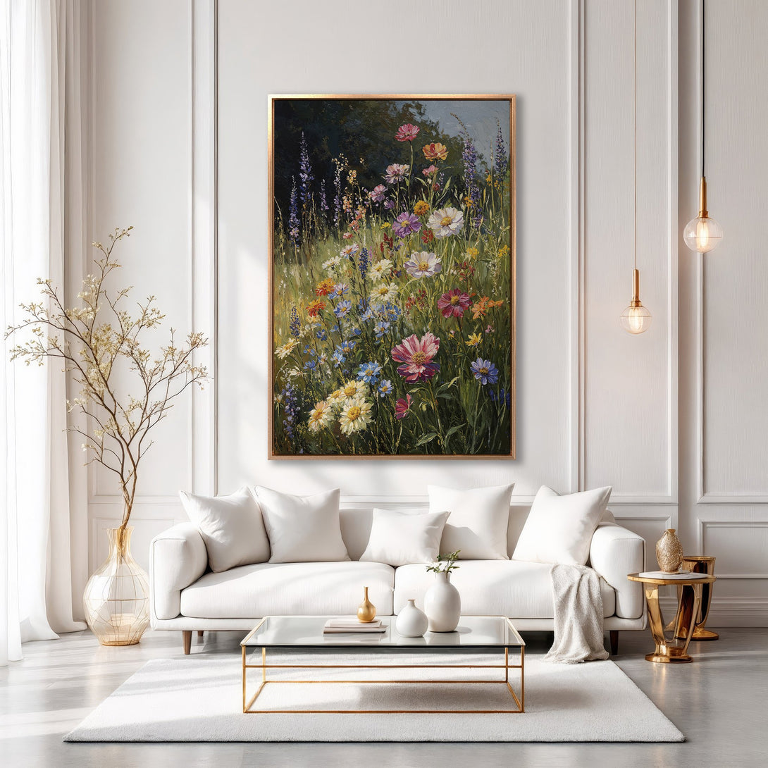Framed Wall Art: Colorful floral painting in a living room. Impressionistic style with vibrant blooms on a neutral background. Perfect home decor accent.