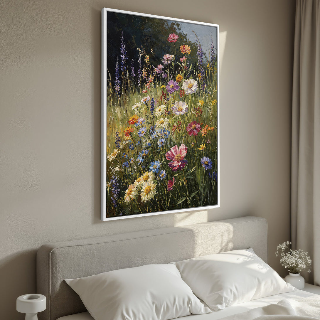 Framed Wall Art of a vibrant wildflower meadow painting. Impressionistic style with a colorful palette of blues, pinks, yellows, and greens. Perfect bedroom decor.