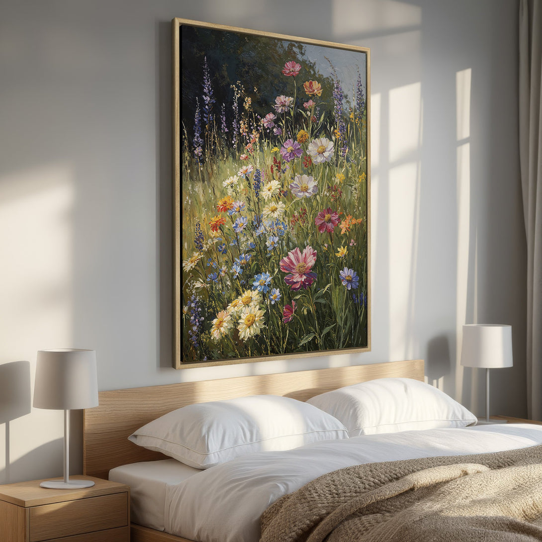 Framed Wall Art: Impressionist floral painting in a bedroom. Vibrant colors of pink, yellow, and blue against a green and dark backdrop. Perfect for home decor.