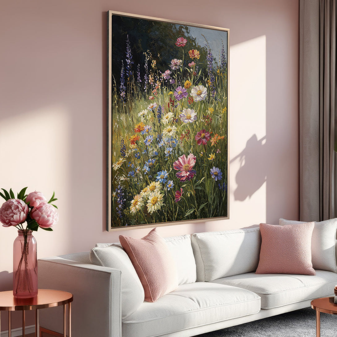 Framed Wall Art of a vibrant wildflower meadow painting in a warm, inviting interior. Features a colorful palette of pinks, blues, and yellows.