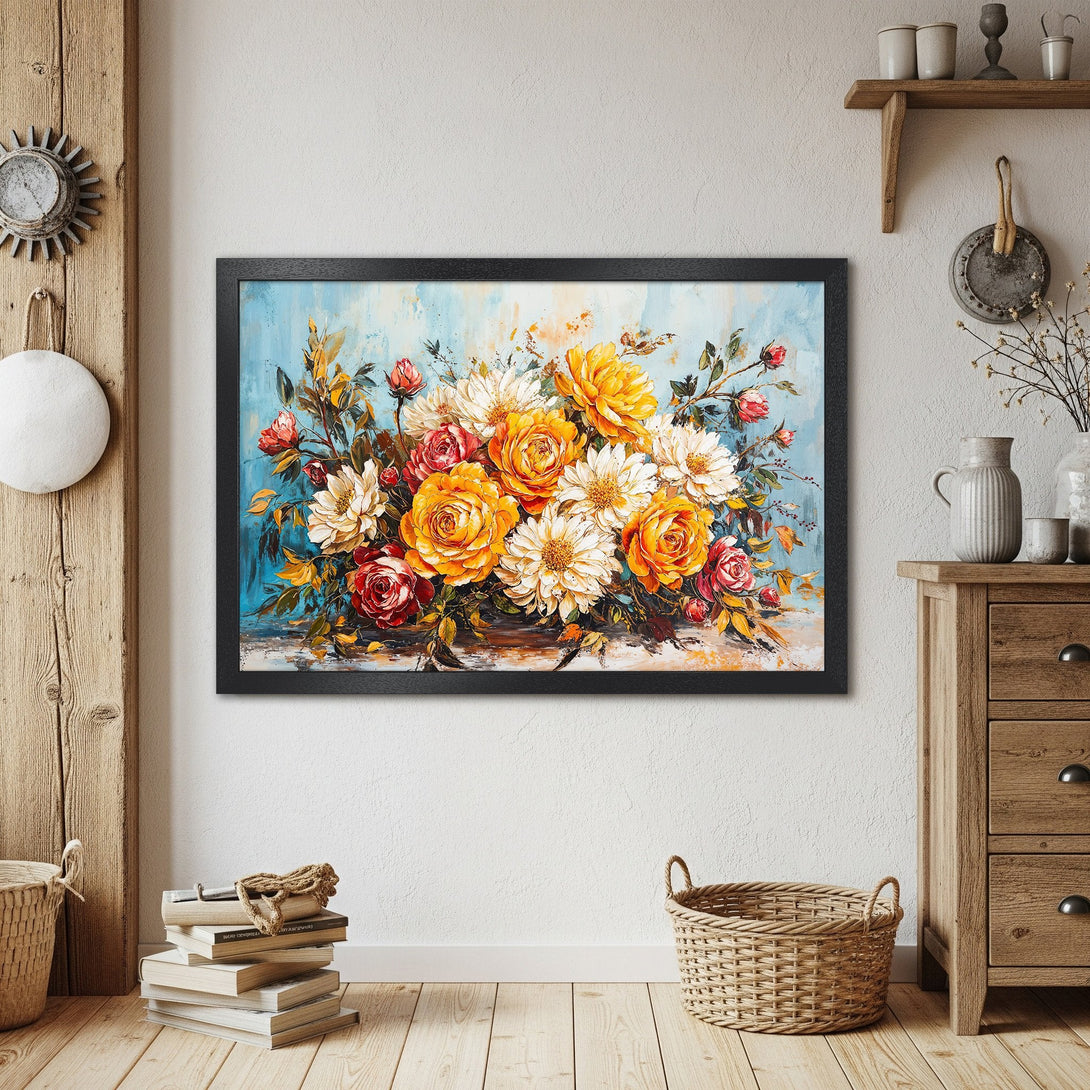 Framed Poster featuring a vibrant floral bouquet in a painterly style with a warm, inviting color palette. Perfect wall art!