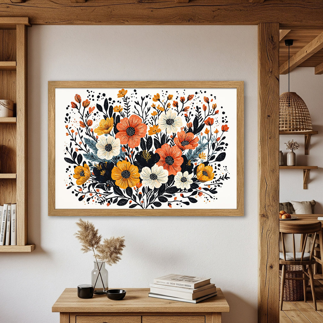 Framed Poster featuring a floral illustration in a warm, inviting color palette of orange, yellow, and black. Perfect wall art!