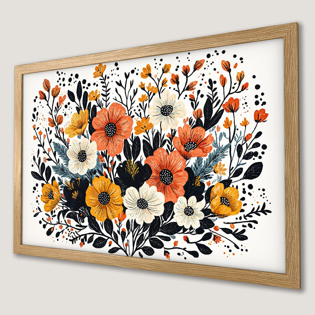 Framed Poster featuring a vibrant floral illustration. Modern style, warm color palette of orange, yellow, black, and white. Perfect wall art!