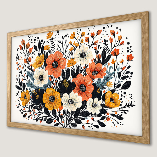 Framed Poster featuring a vibrant floral illustration. Modern style, warm color palette of orange, yellow, black, and white. Perfect wall art!